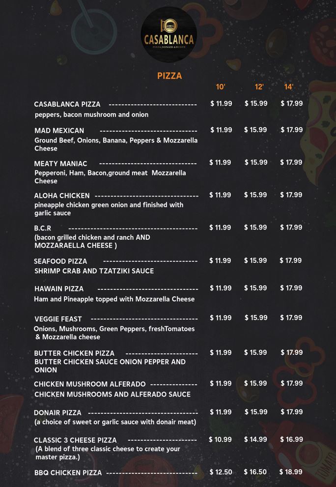 Menu Casablanca Pizza and Donair